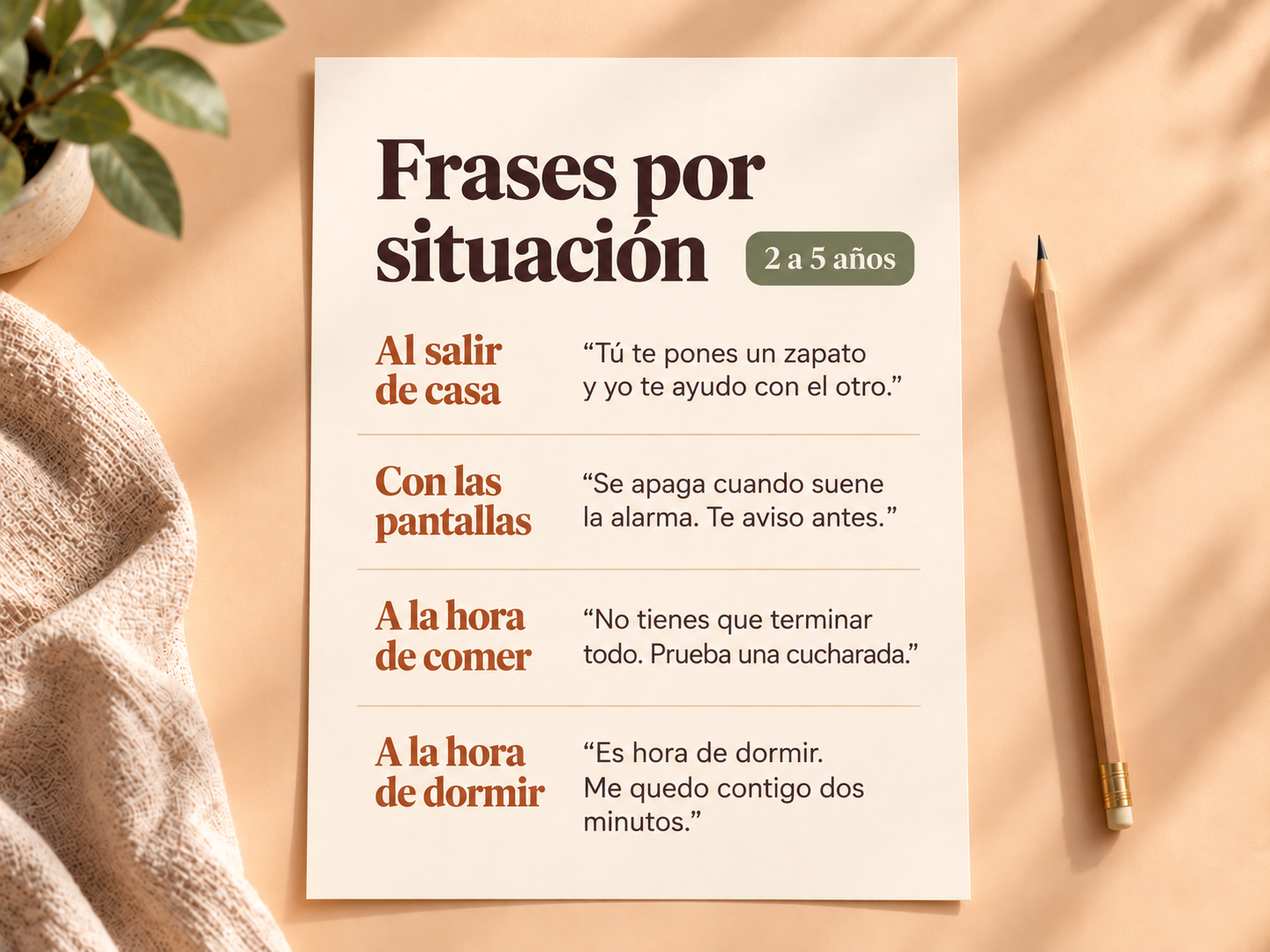 Página de frases por situación, con ejemplos para la hora de comer y de dormir